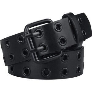 Men's All Black Double Prong Alloy Buckle Vintage Punk Jeans Pu Leather Belts